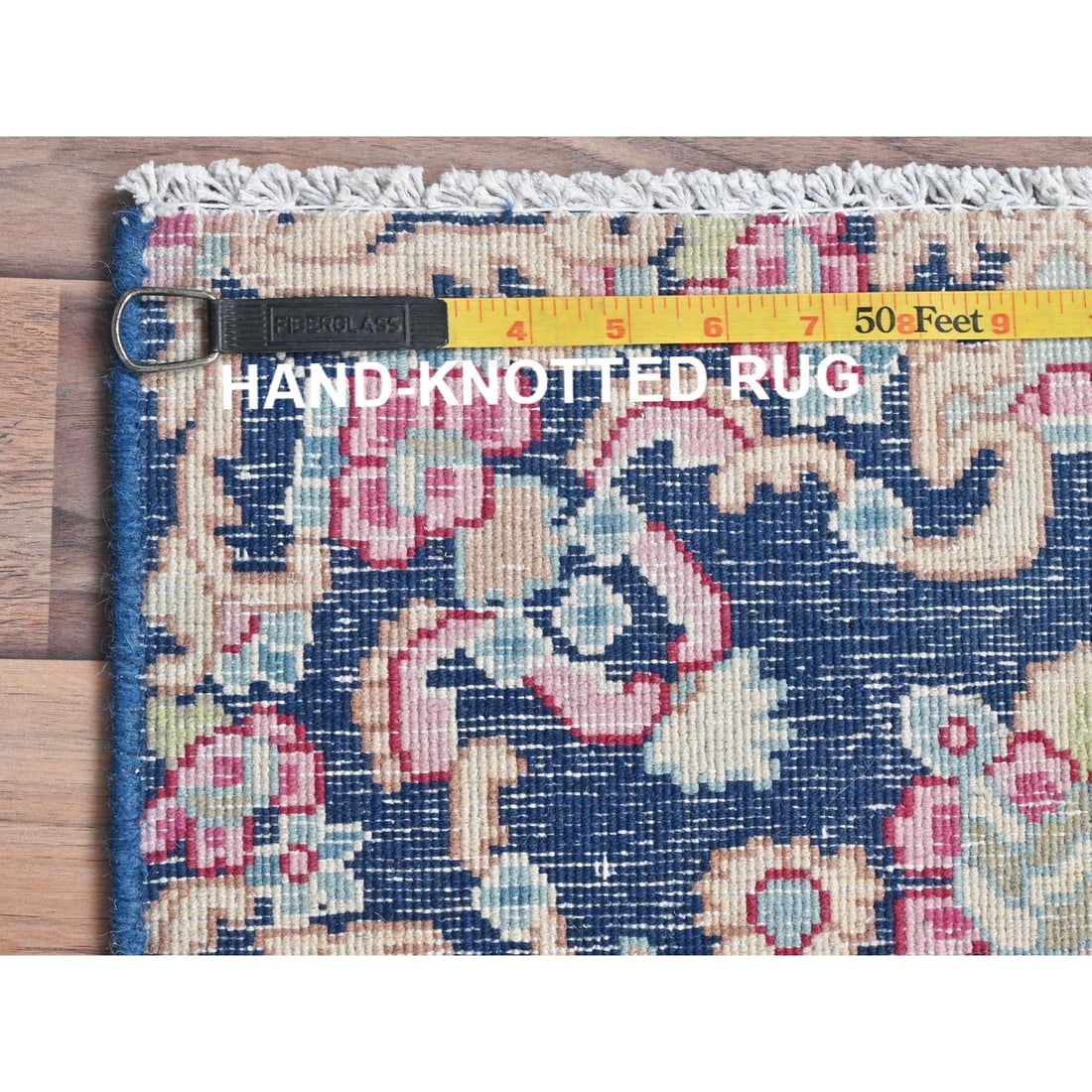 Navy Blue, Worn Wool Hand Knotted, Vintage Persian Kerman Square Rug - 7