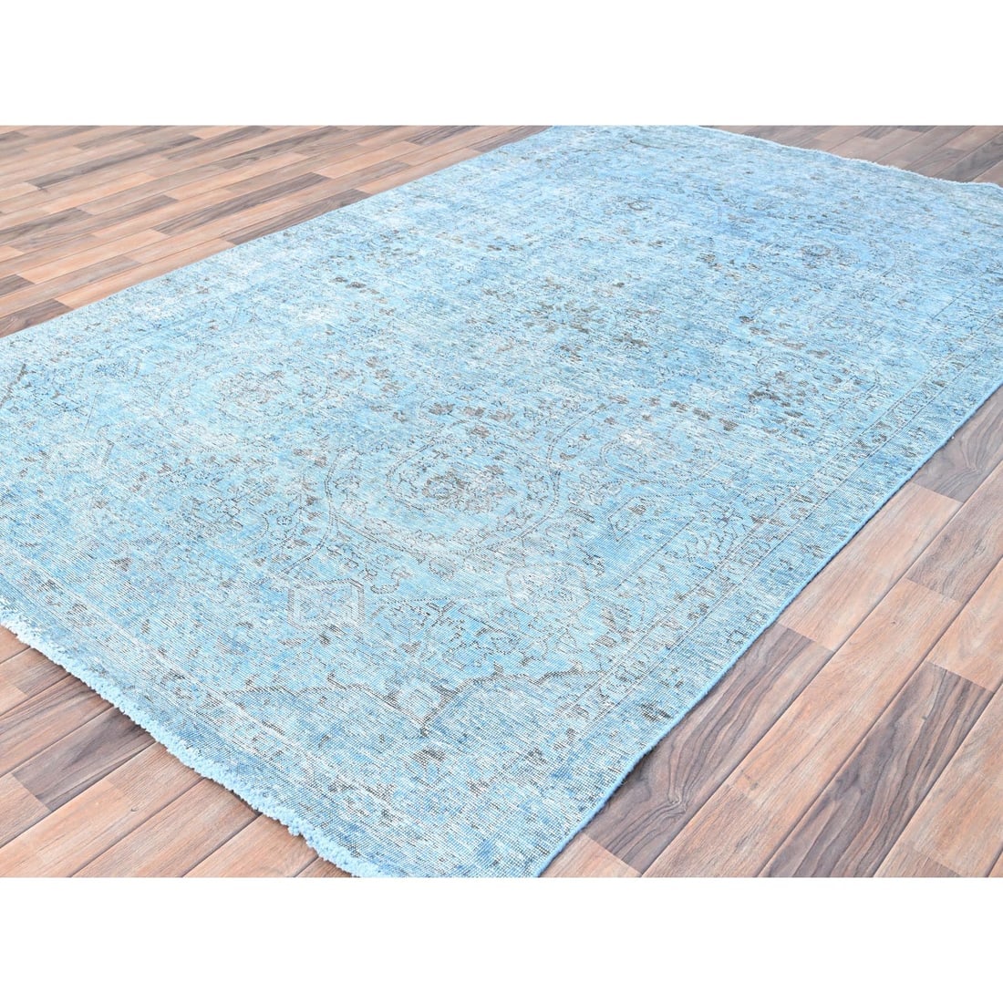 Baby Blue, Vintage Persian Tabriz, Worn Wool Hand Knotted Rug - 3