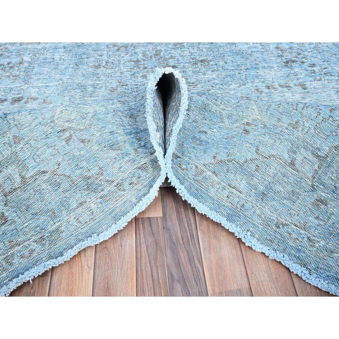 Baby Blue, Vintage Persian Tabriz, Worn Wool Hand Knotted Rug - 5