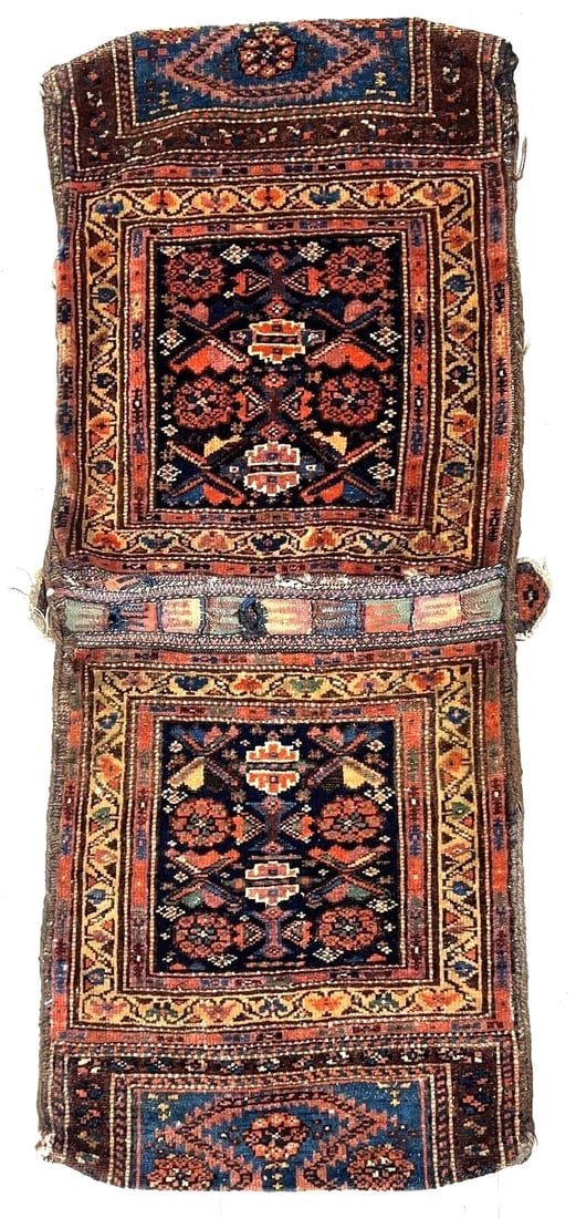 Hand-Knotted Antique Persian Farahan Tribal Double Saddle Bag Wool Rug 1'9" x 4'3" - 2