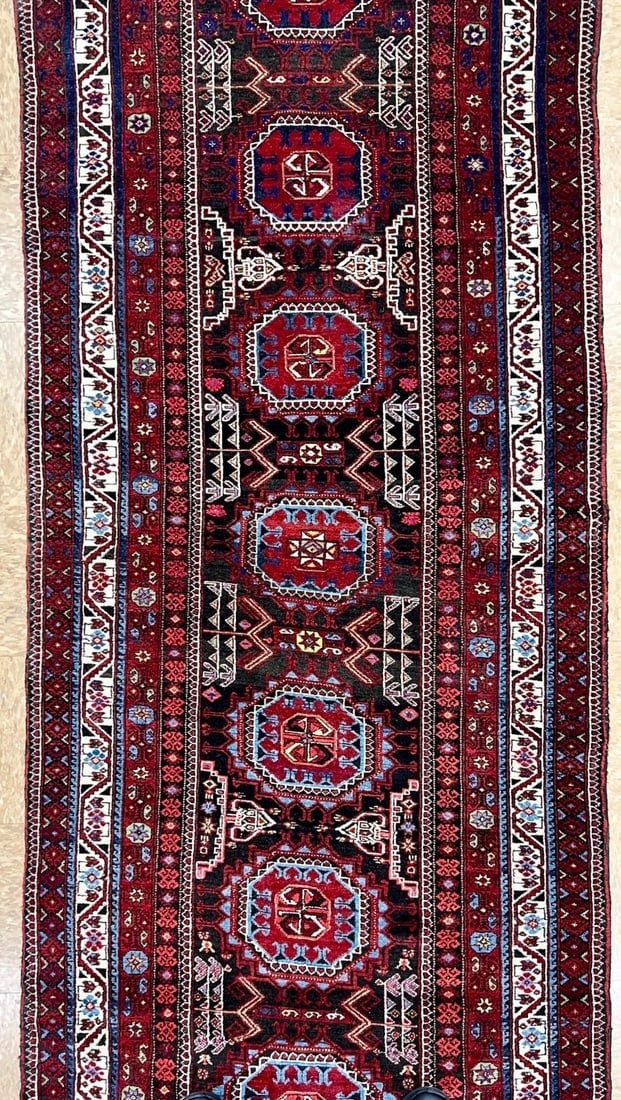 Hand-Knotted Antique Persian Balouch Tribal Runner Wool Rug 3'5" x 9'5" - 5