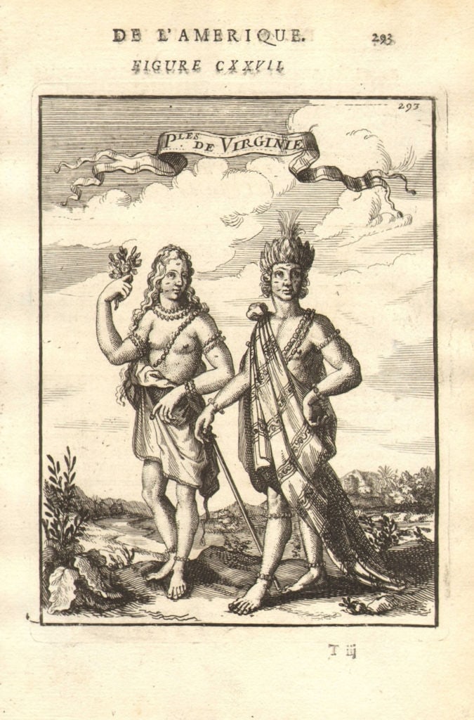 VIRGINIA. Native American map & woman. 'Peuples de Virginie'. MALLET 1683: Title: VIRGINIA. Native American map & woman. 'Peuples de Virginie'. MALLET 1683 Description: P(euples) de Virginie' (De L'Amerique). Virginia by Mallet, Allain Manesson. Published 1683. Original 17th