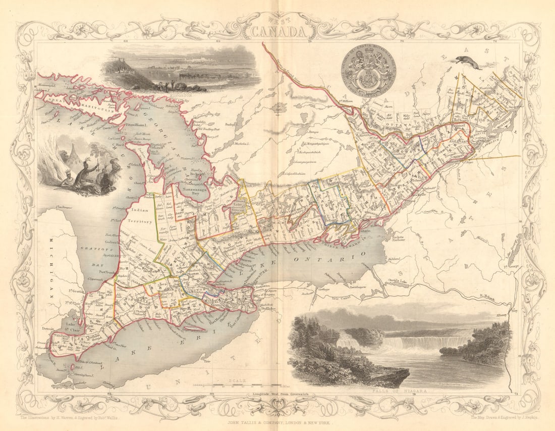 WEST CANADA'. Southern Ontario. Shows'Indian territory' TALLIS/RAPKIN 1849 map: Title: WEST CANADA'. Southern Ontario. Shows'Indian territory' TALLIS/RAPKIN 1849 map Description: West Canada'. The map shows the eastern part of modern Ontario, divided into districts/counties. Part