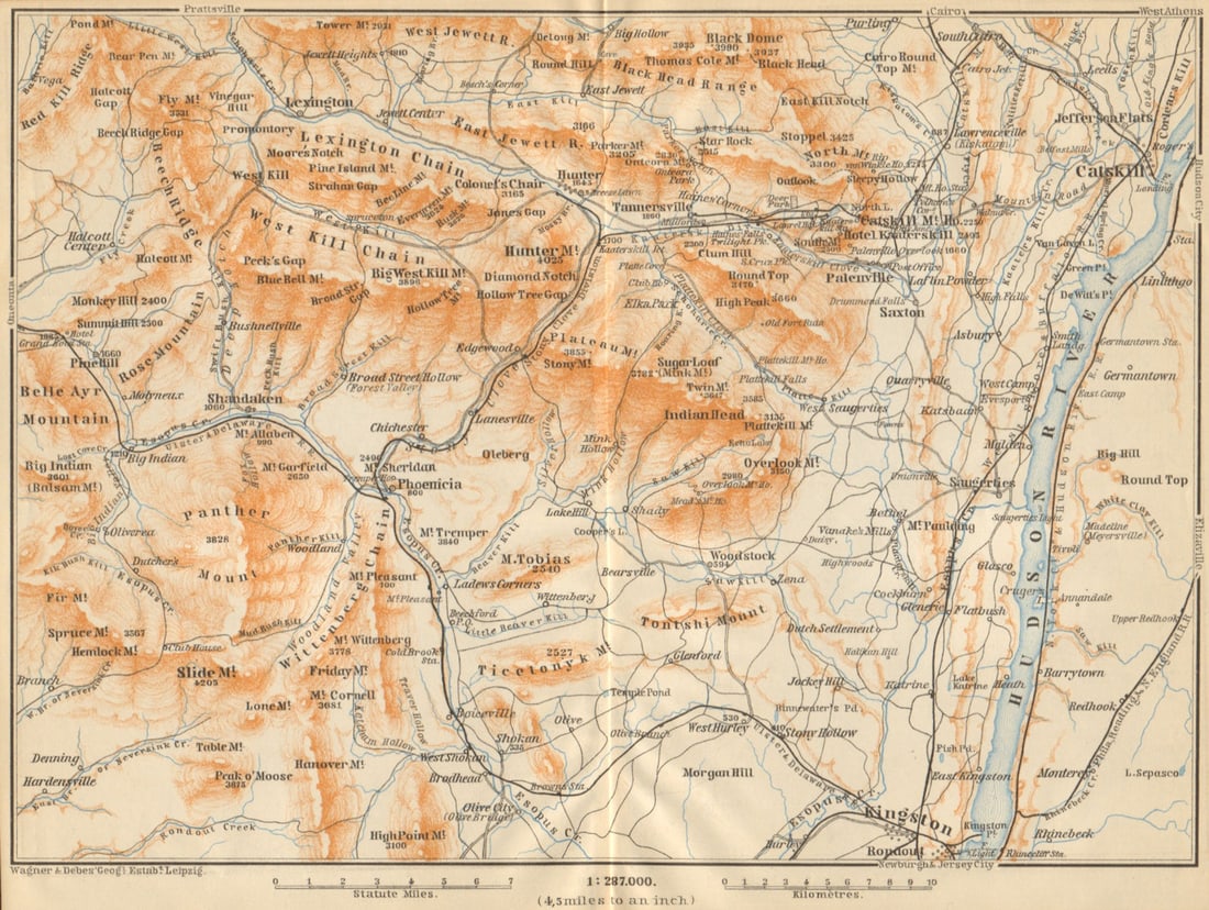 THE CATSKILL MOUNTAINS . New York State. Hudson River. BAEDEKER 1904 old map (1 of 1)