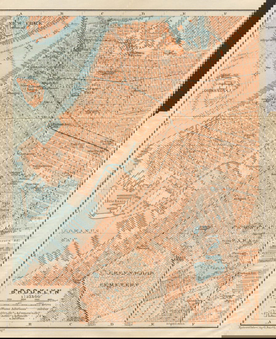 BROOKLYN antique town city plan. New York City. BAEDEKER 1904 old map (1 of 1)