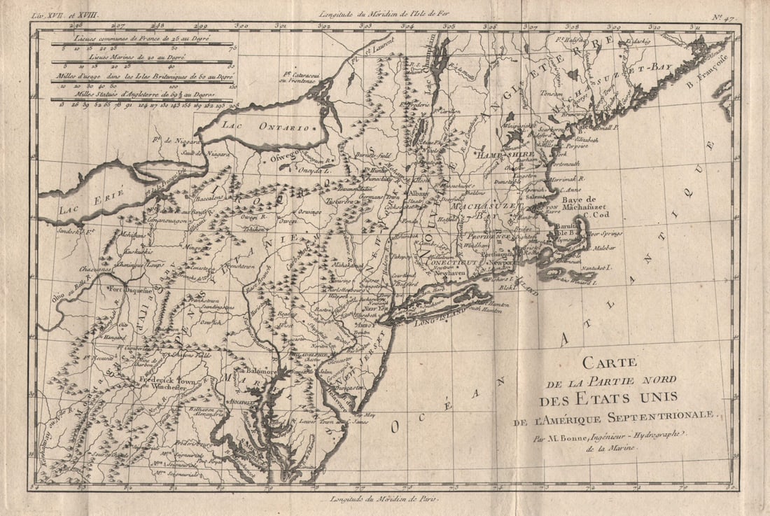 Partie Nord des Etats Unis de l'Amérique Septentrionale NE USA. BONNE 1780 map: Title: "Partie Nord des Etats Unis de l'Amérique Septentrionale" NE USA. BONNE 1780 map Description: Carte de la Partie Nord des Etats Unis de l'Amérique Septentrionale'. A map of the