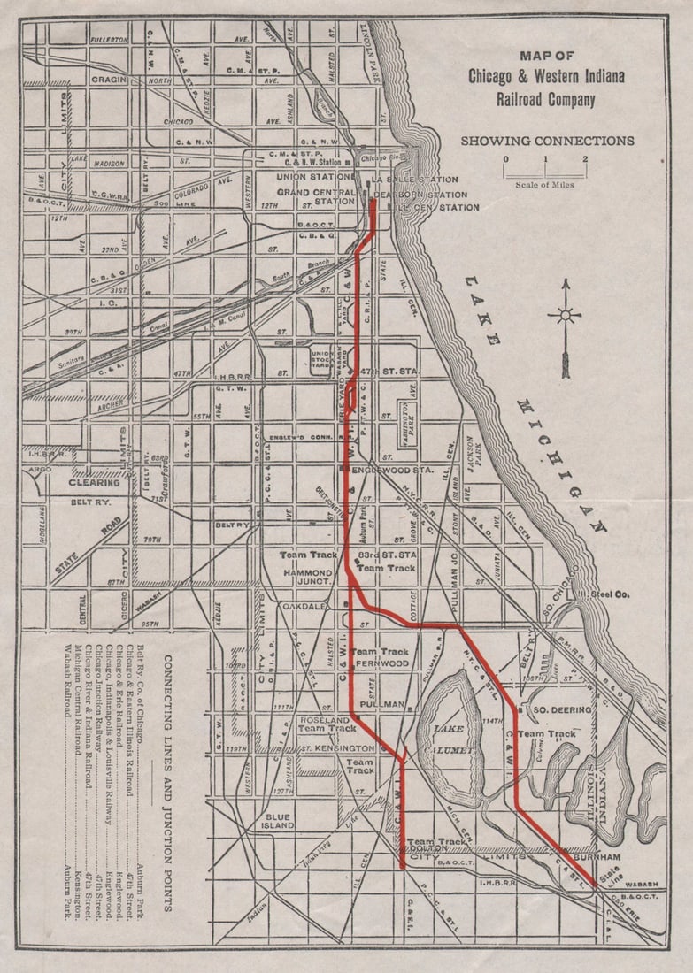 Chicago & Western Indiana Railroad Co. map. Connections. Dearborn Station c1925 (1 of 1)