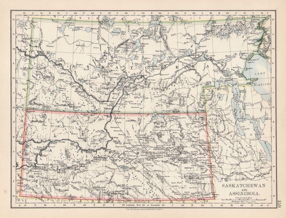 SASKATCHEWAN & ASSINIBOIA Province map. Canadian Pacific Railroad. JOHNSTON 1901 (1 of 1)