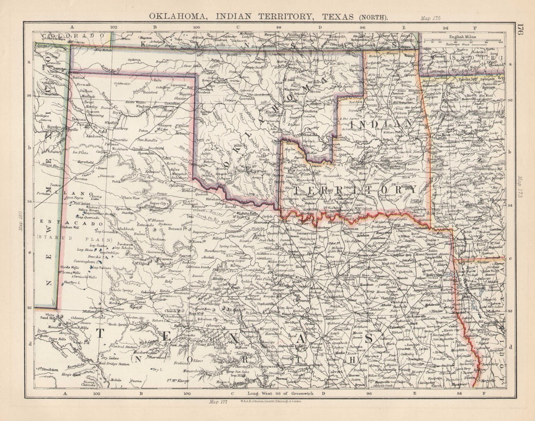 USA SOUTH CENTRAL. Oklahoma, Indian Territory & North Texas. JOHNSTON 1901 map (1 of 1)