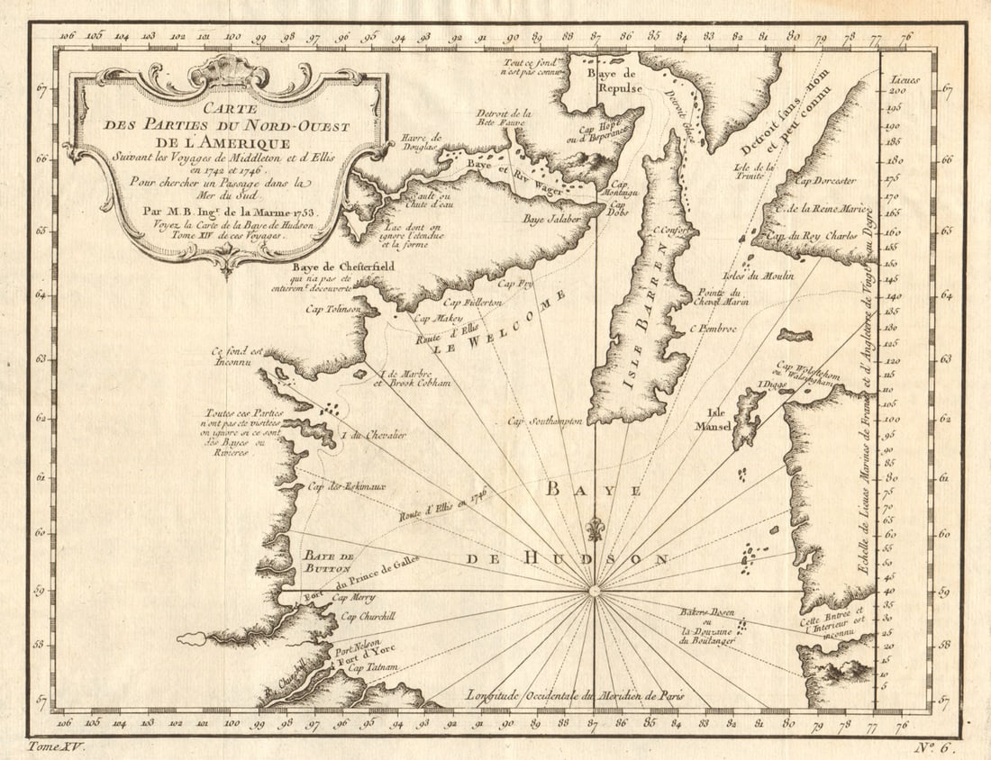 Carte des Parties du Nord-Ouest de l'Amérique…'. Hudson Bay. BELLIN 1759 map: Title: Carte des Parties du Nord-Ouest de l'Amérique…'. Hudson Bay. BELLIN 1759 map Description: Carte des Parties du Nord-Ouest de l'Amérique suivant les Voyages de Middleton et