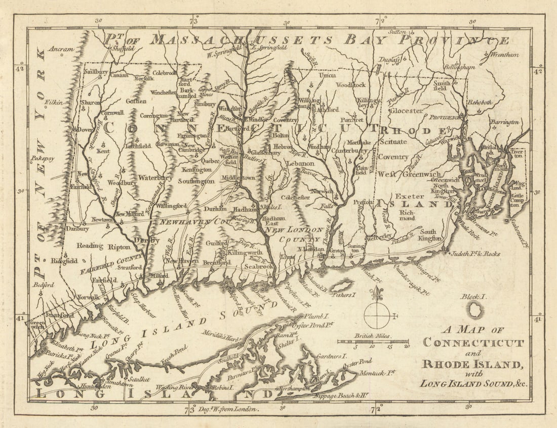 A map of Connecticut and Rhode Island with Long Island Sound. GENTS MAG 1776 (1 of 1)