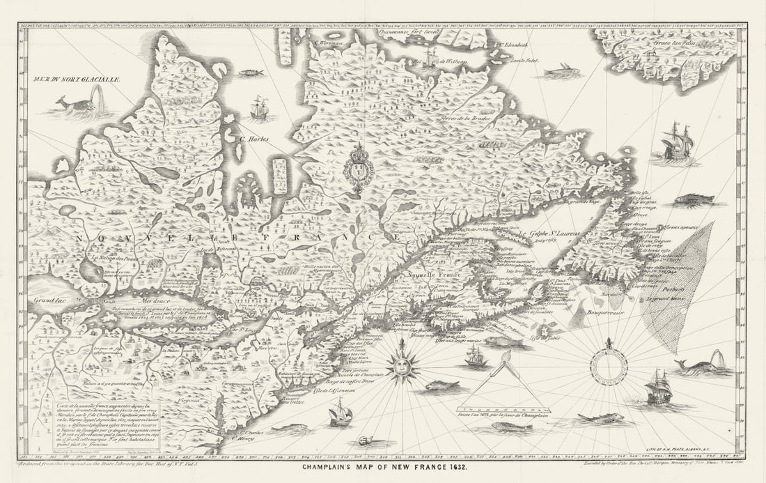 Champlain's 1632 map of New France. Nouvelle France. Canada 1850 old (1 of 1)
