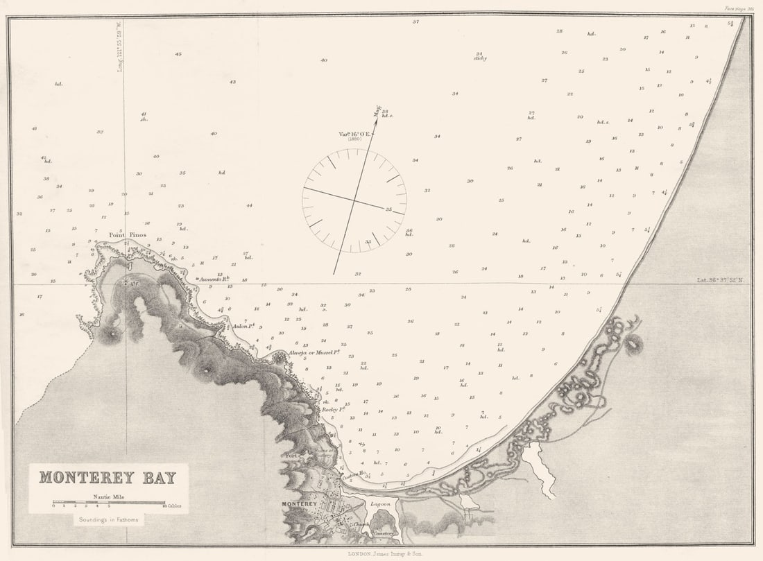 CALIFORNIA. Sea chart of Monterey Bay 1881 old antique vintage map plan: Title: CALIFORNIA. Sea chart of Monterey Bay 1881 old antique vintage map plan Description: Monterey Bay' by Imray, James & Sons. Published 1881. Antique sea chart. Size 23 x 31 cm | 9.0 x 12.0