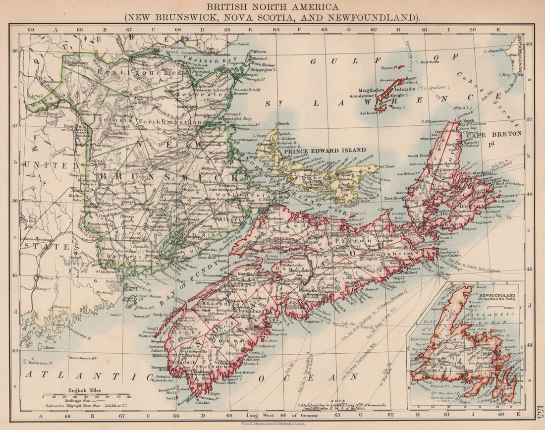 CANADA MARITIME PROVINCES. New Brunswick Nova Scotia Newfoundland 1906 old map (1 of 1)