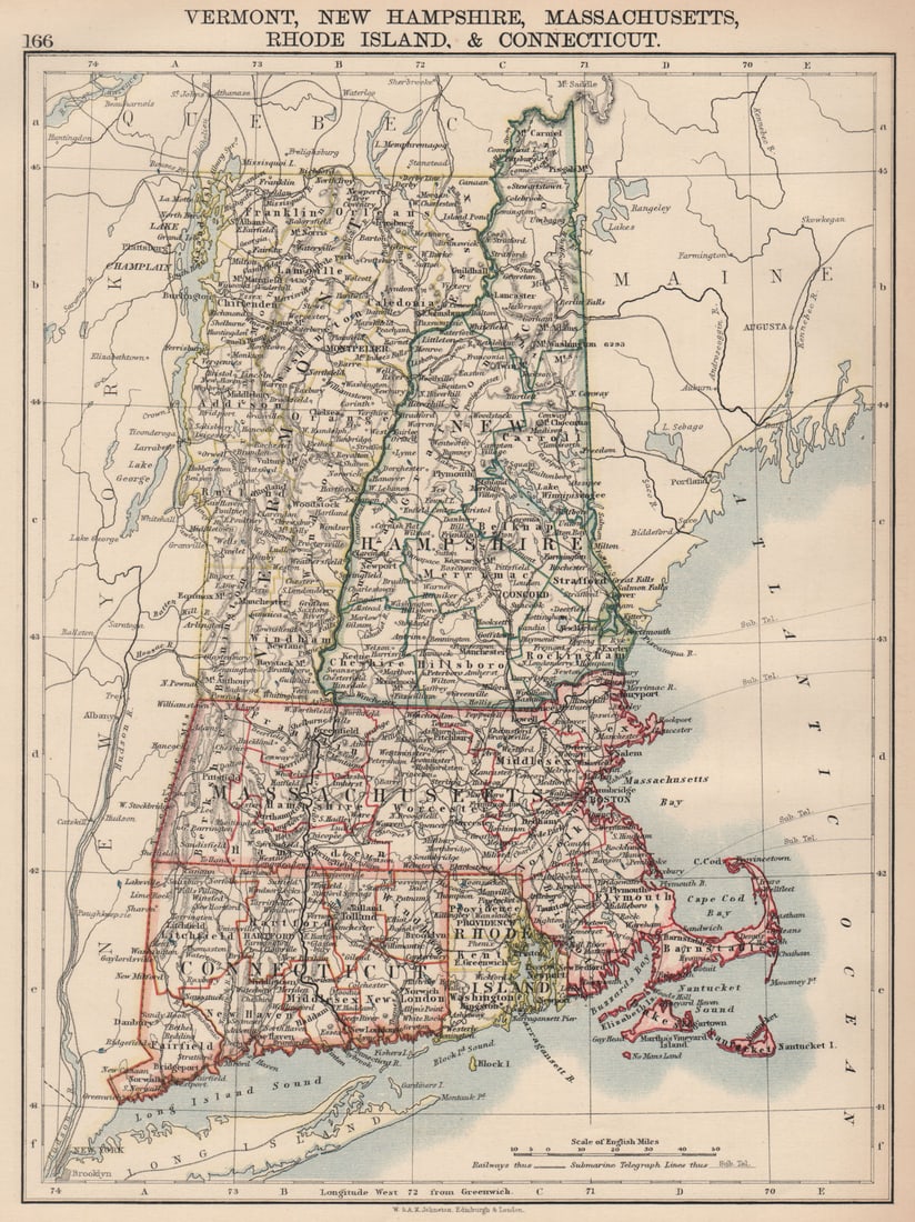 NEW ENGLAND. Vermont New Hampshire Massachusetts RI Connecticut 1906 old map: Title: NEW ENGLAND. Vermont New Hampshire Massachusetts RI Connecticut 1906 old map Description: Vermont, New Hampshire, Massachusetts, Rhode Island, & Connecticut'. W. & A.K. Johnston, Limited Ed