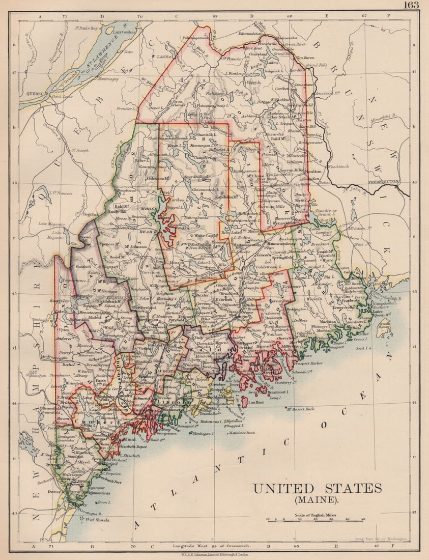 MAINE. State map showing counties & railroads. JOHNSTON 1906 old antique (1 of 1)