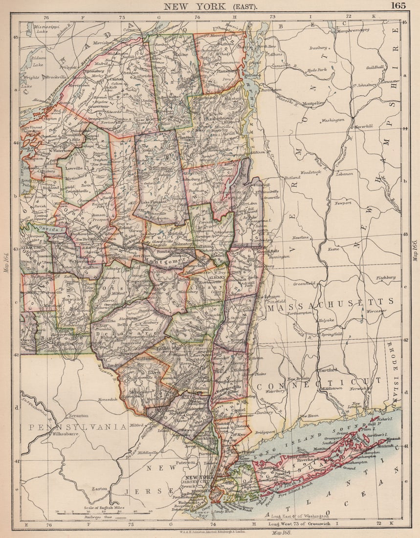 NEW YORK STATE EAST. with counties railroads. NYC Long Island. JOHNSTON 1906 map (1 of 1)