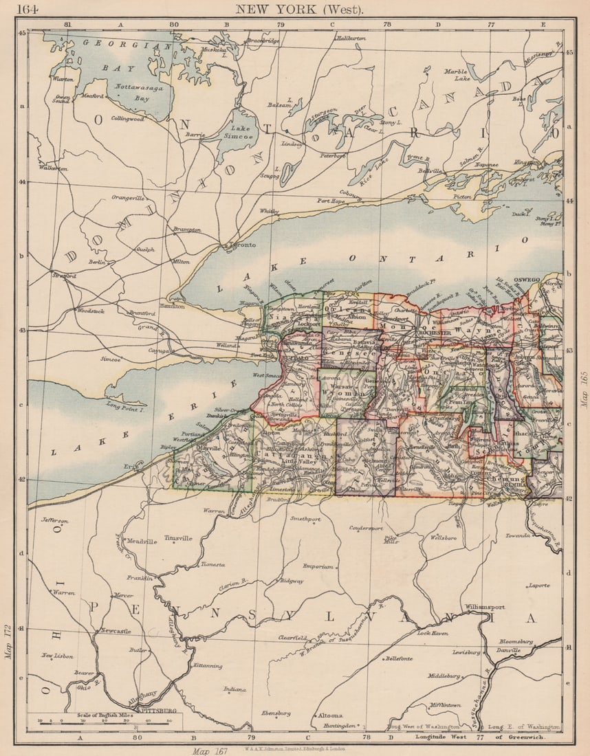 NEW YORK STATE WEST. Map showing counties & railroads. Niagara. JOHNSTON 1906 (1 of 1)