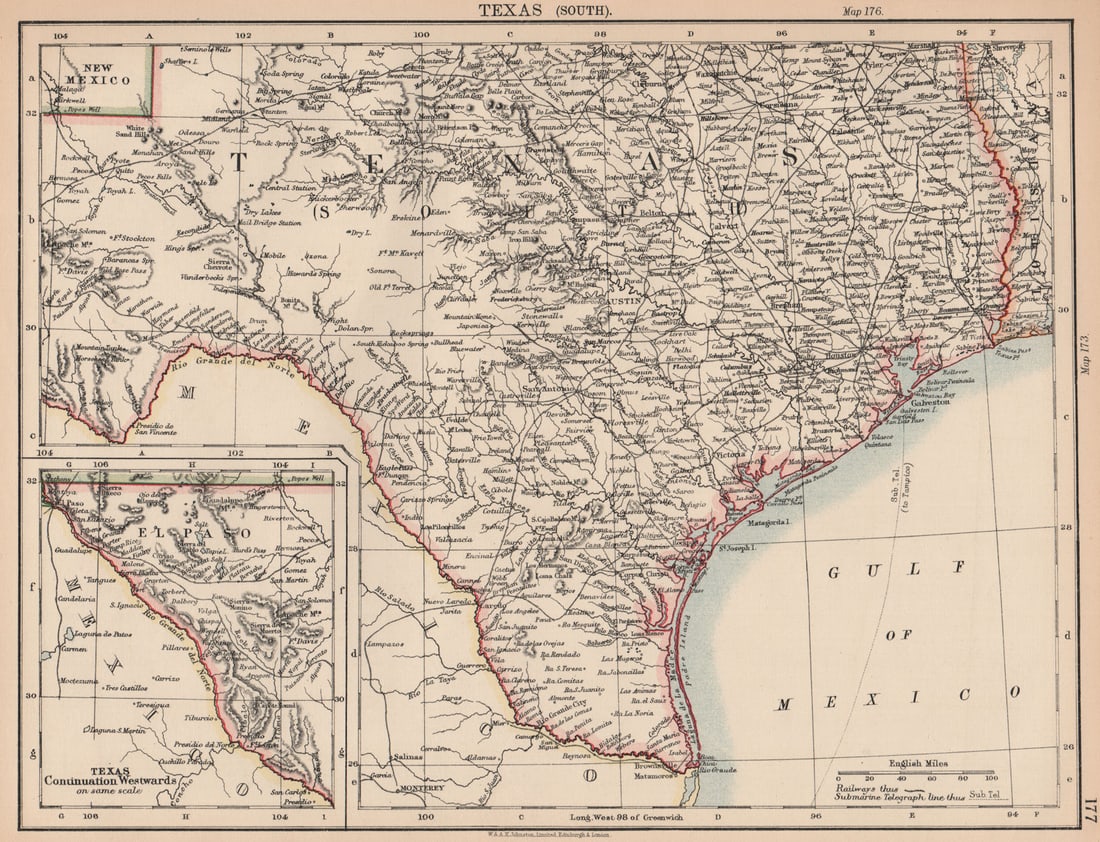 SOUTH TEXAS. Showing railroads & Telegraph Cable. JOHNSTON 1906 old map (1 of 1)