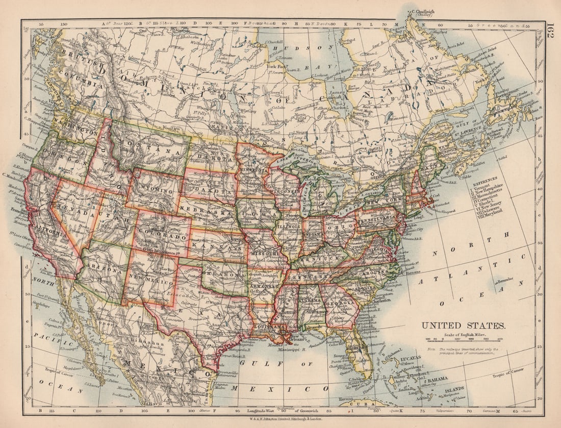 USA. United States showing states and railroads. JOHNSTON 1906 old antique map (1 of 1)