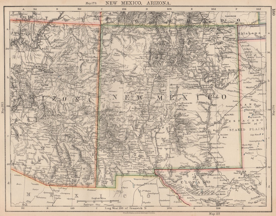 USA MOUNTAIN STATES. New Mexico & Arizona. Railroads. JOHNSTON 1906 old map (1 of 1)