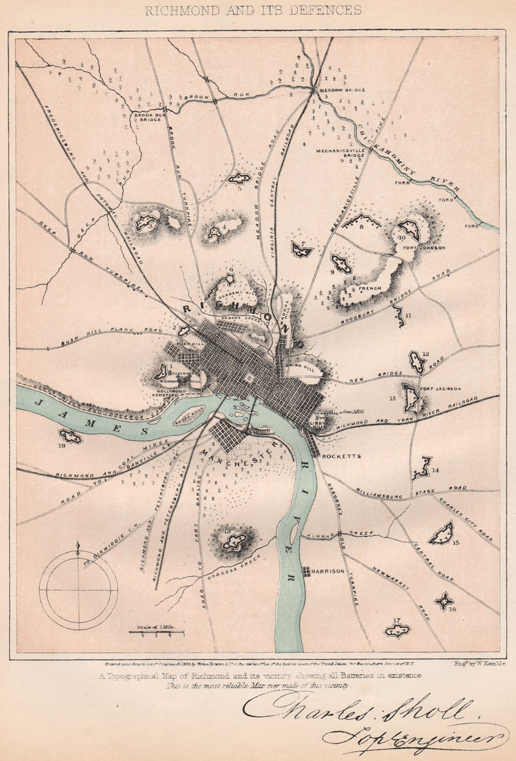 AMERICAN CIVIL WAR. Richmond and its defences. Virginia 1864 old antique map (1 of 1)
