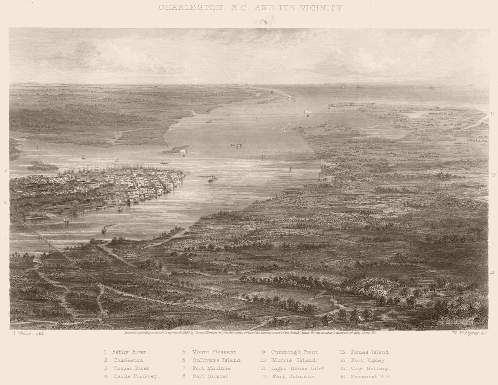 AMERICAN CIVIL WAR. Charleston, South Carolina & vicinity 1864 old print (1 of 1)