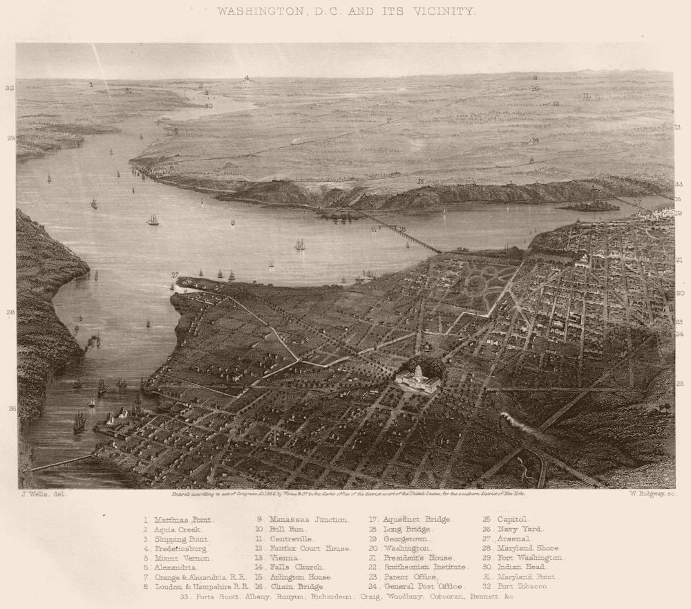 AMERICAN CIVIL WAR. Washington DC and its vicinity 1864 old antique print (1 of 1)