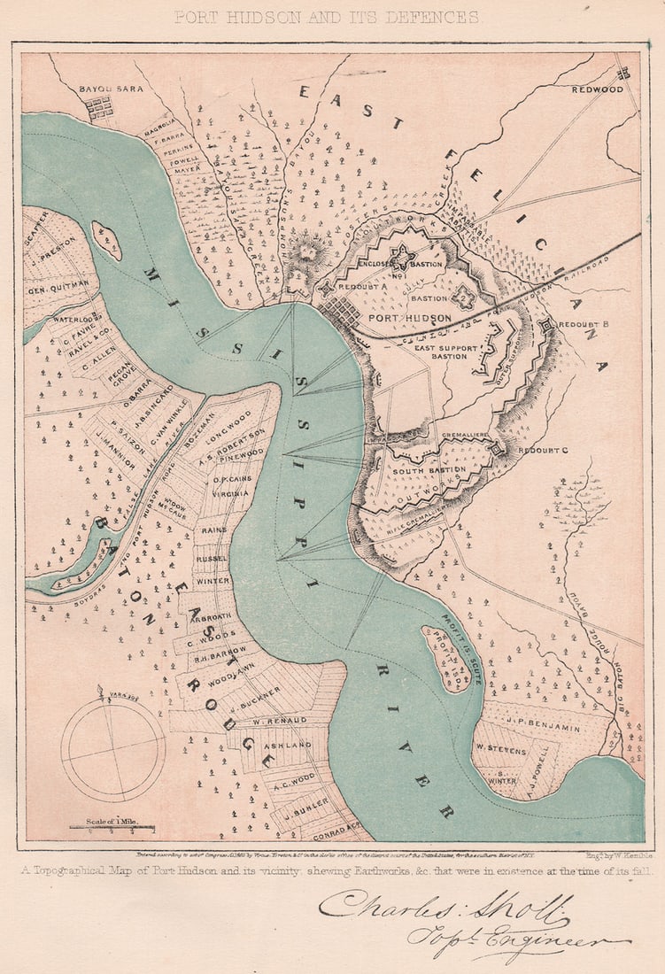 AMERICAN CIVIL WAR. Port Hudson and its defences. Louisiana 1864 old map (1 of 1)