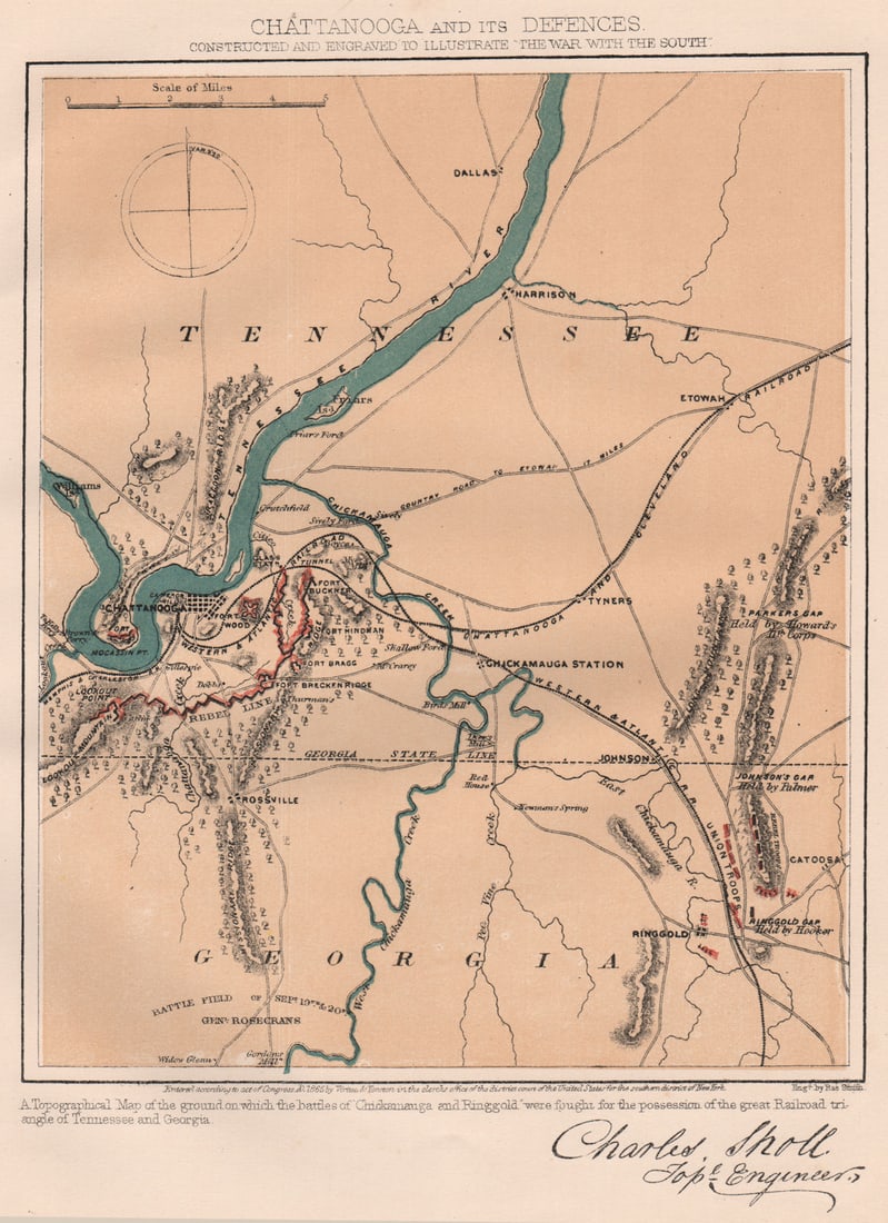 AMERICAN CIVIL WAR. Chattanooga and its defences. Tennessee 1864 old map (1 of 1)
