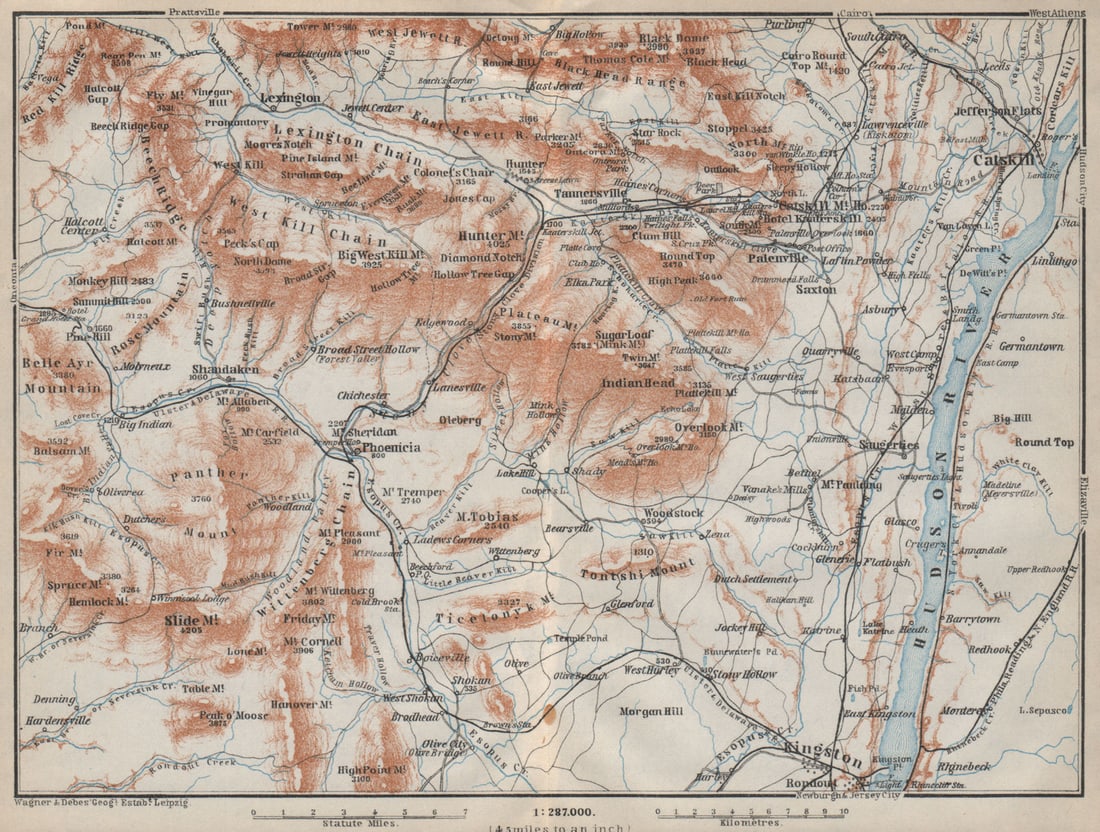 THE CATSKILL MOUNTAINS . New York State. Hudson River. BAEDEKER 1909 old map (1 of 1)