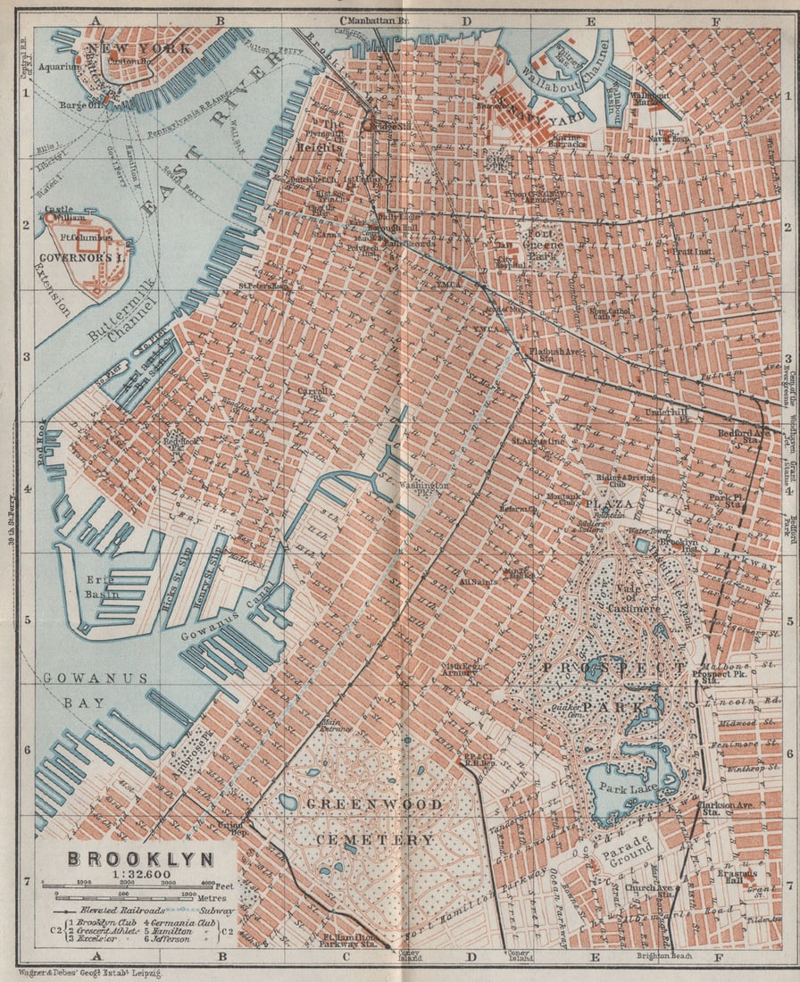 BROOKLYN antique town city plan. New York City. BAEDEKER 1909 old map (1 of 1)