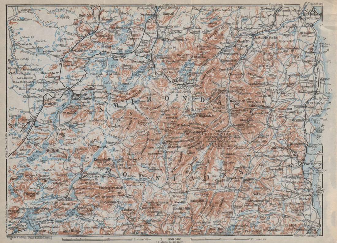 THE ADIRONDACK MOUNTAINS . New York State. BAEDEKER 1909 old antique map chart (1 of 1)