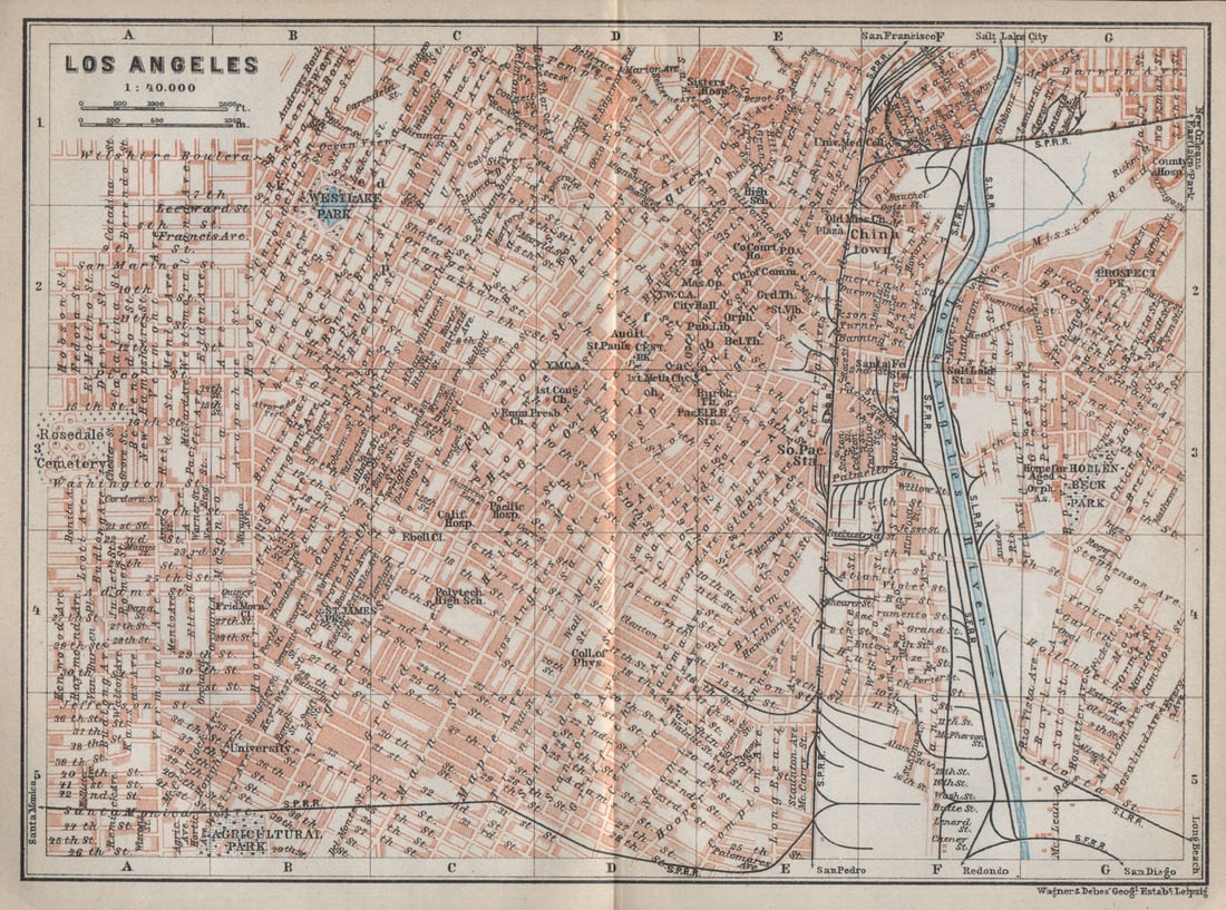 LOS ANGELES city plan. Downtown Westlake Chinatown Financial district 1909 map (1 of 1)