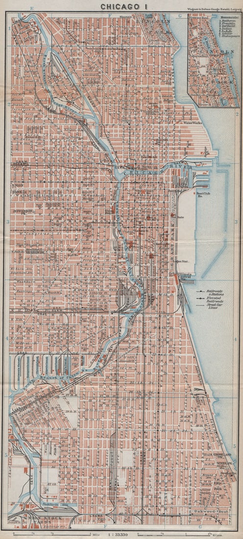 DOWNTOWN CHICAGO city plan. Near North/South Side Loop Greektown 1909 old map (1 of 1)