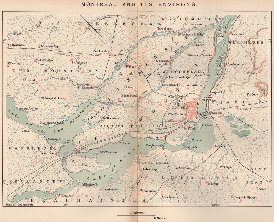 Montreal and its environs. Canada 1885 old antique vintage map plan chart: Title: Montreal and its environs. Canada 1885 old antique vintage map plan chart Description: Montreal and its Environs'. Engraved for Élisée Reclus. Published 1885. Antique colour map.