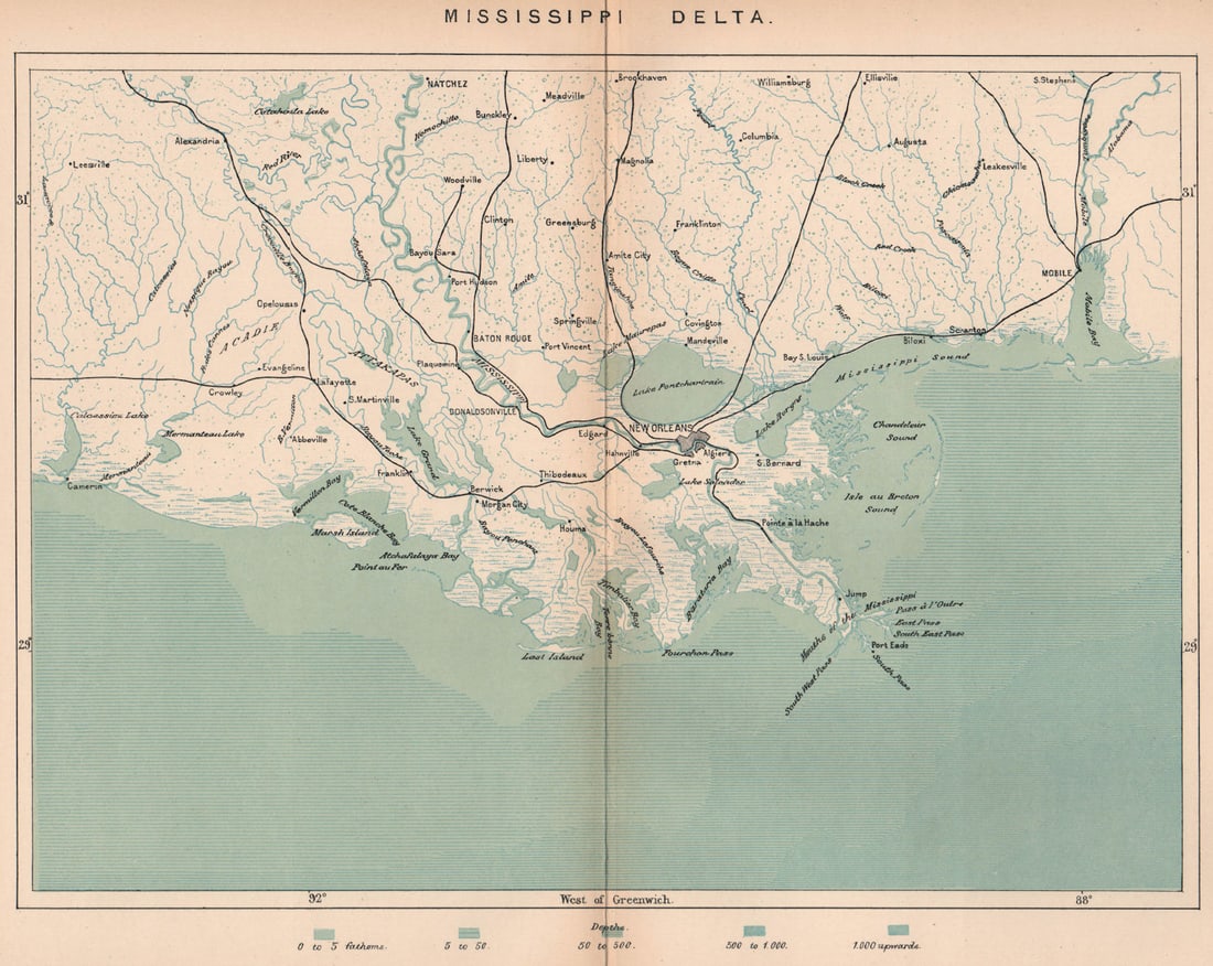 Mississippi Delta. Louisiana 1885 old antique vintage map plan chart: Title: Mississippi Delta. Louisiana 1885 old antique vintage map plan chart Description: Mississippi Delta'. Engraved for Élisée Reclus. Published 1885. Antique colour map. Size 24 x 30 cm