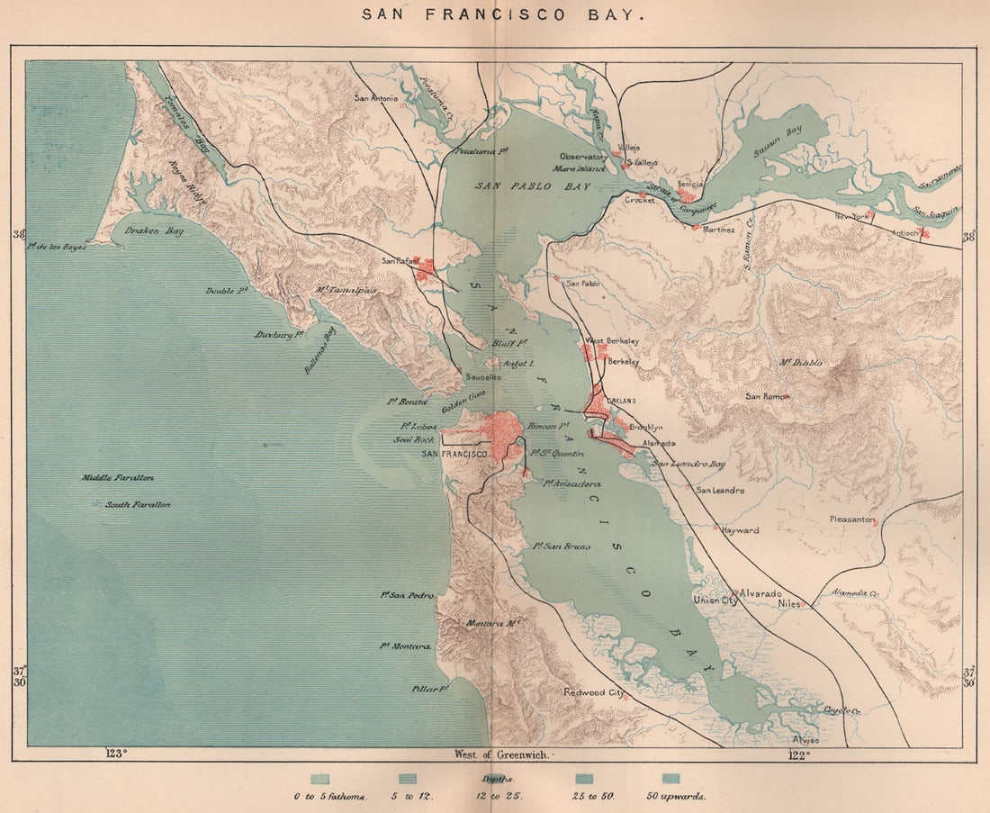 San Francisco Bay. California 1885 old antique vintage map plan chart: Title: San Francisco Bay. California 1885 old antique vintage map plan chart Description: San Francisco Bay'. Engraved for Élisée Reclus. Published 1885. Antique colour map. Size 23 x 28 cm