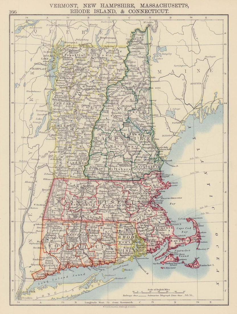 NEW ENGLAND. Vermont New Hampshire Massachusetts RI Connecticut 1901 old map: Title: NEW ENGLAND. Vermont New Hampshire Massachusetts RI Connecticut 1901 old map Description: Vermont, New Hampshire, Massachusetts, Rhode Island, & Connecticut'. W. & A.K. Johnston, Limited Ed