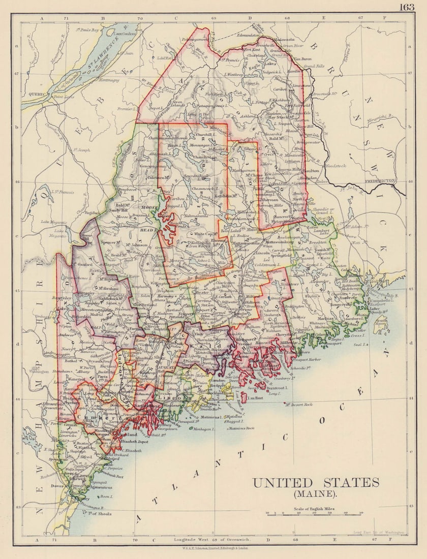 MAINE. State map showing counties & railroads. JOHNSTON 1901 old antique (1 of 1)