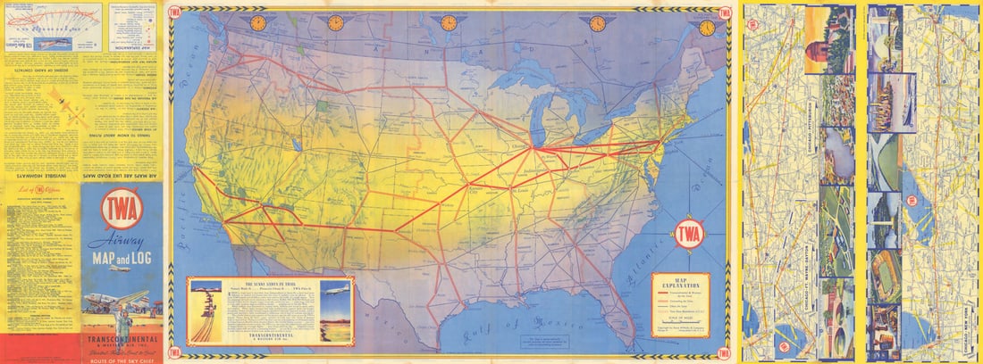 TWA Airway Transcontinental & Western Air Airline network route map 18"x48" 1939 (1 of 1)