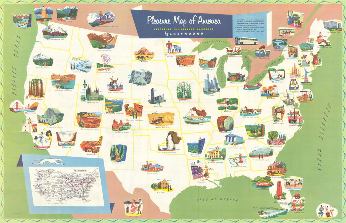 Pleasure map of America featuring pre-planned Greyhound vacations 18x28in 1954 (1 of 1)