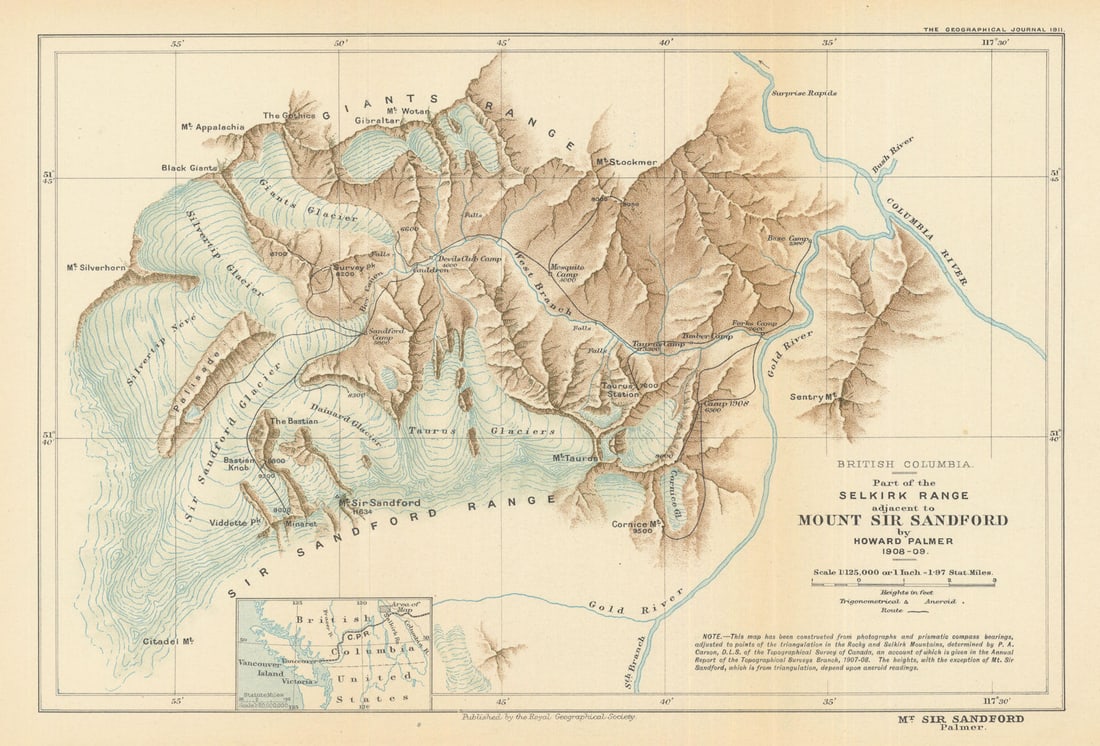 British Columbia. Selkirk Range/Mt. Sir Sandford. H. Palmer 1908/9 RGS 1911 map (1 of 1)