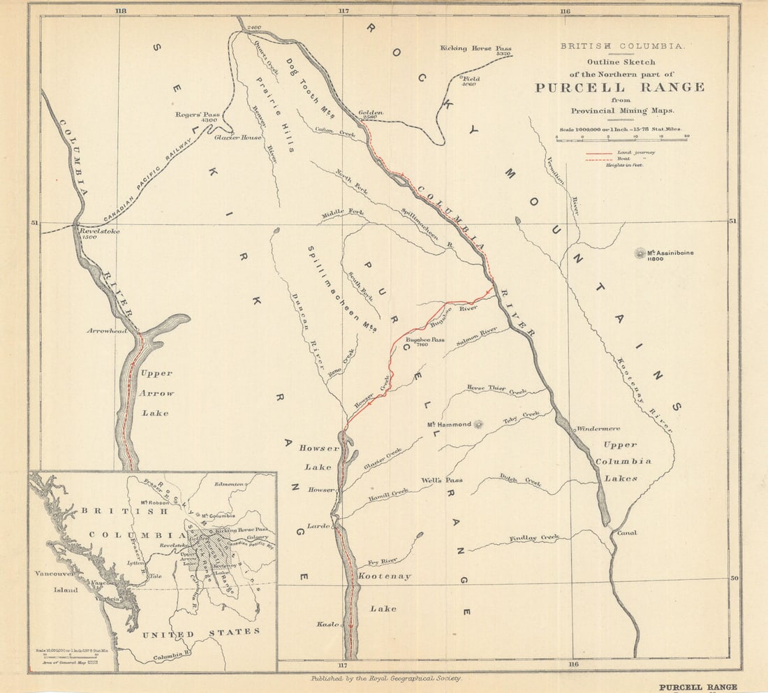 British Columbia. Northern Purcell Range from mining maps. Cain. RGS 1911: Title: British Columbia. Northern Purcell Range from mining maps. Cain. RGS 1911 Description: British Columbia. Outline sketch of the northern part of Purcell Range from provincial mining maps'.