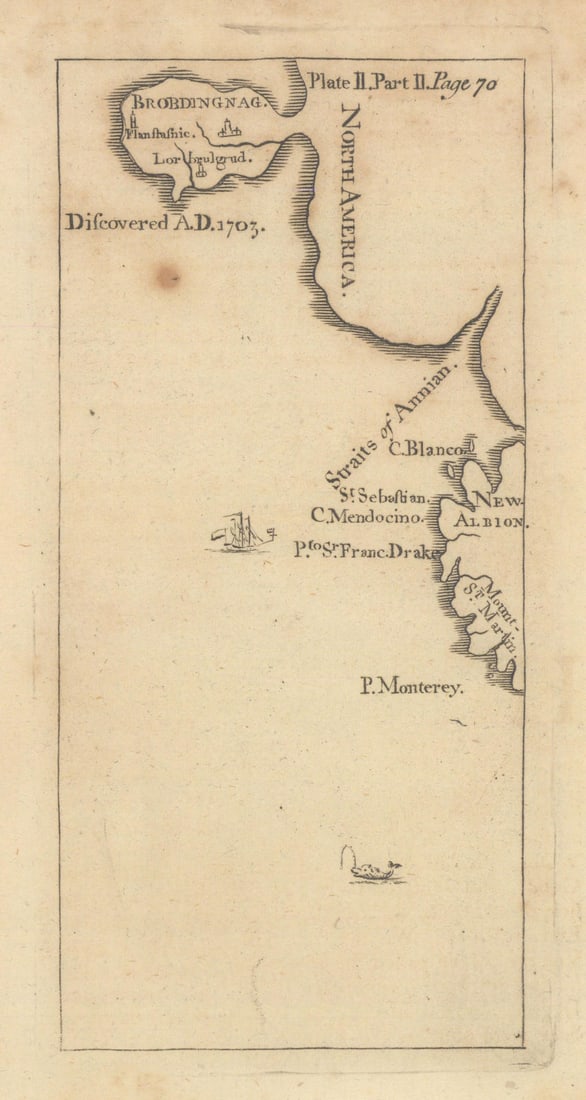 Brobdingnag by Jonathan Swift. Gulliver's Travels. California Canada 1751 map: Title: Brobdingnag by Jonathan Swift. Gulliver's Travels. California Canada 1751 map Description: Brobdingnag [The West coast of North America - Gulliver's Travels]. One of the earliest fantasy maps e