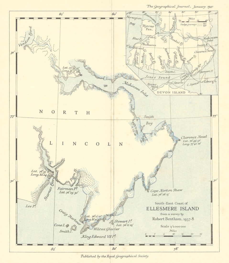 Ellesmere Island SE coast 1937-8. Canadian Arctic. RGS/Robert Bentham 1941 map: Title: Ellesmere Island SE coast 1937-8. Canadian Arctic. RGS/Robert Bentham 1941 map Description: South-East coast of Ellesmere Island from a survey by Robert Bentham, 1937-8'. Royal Geographical