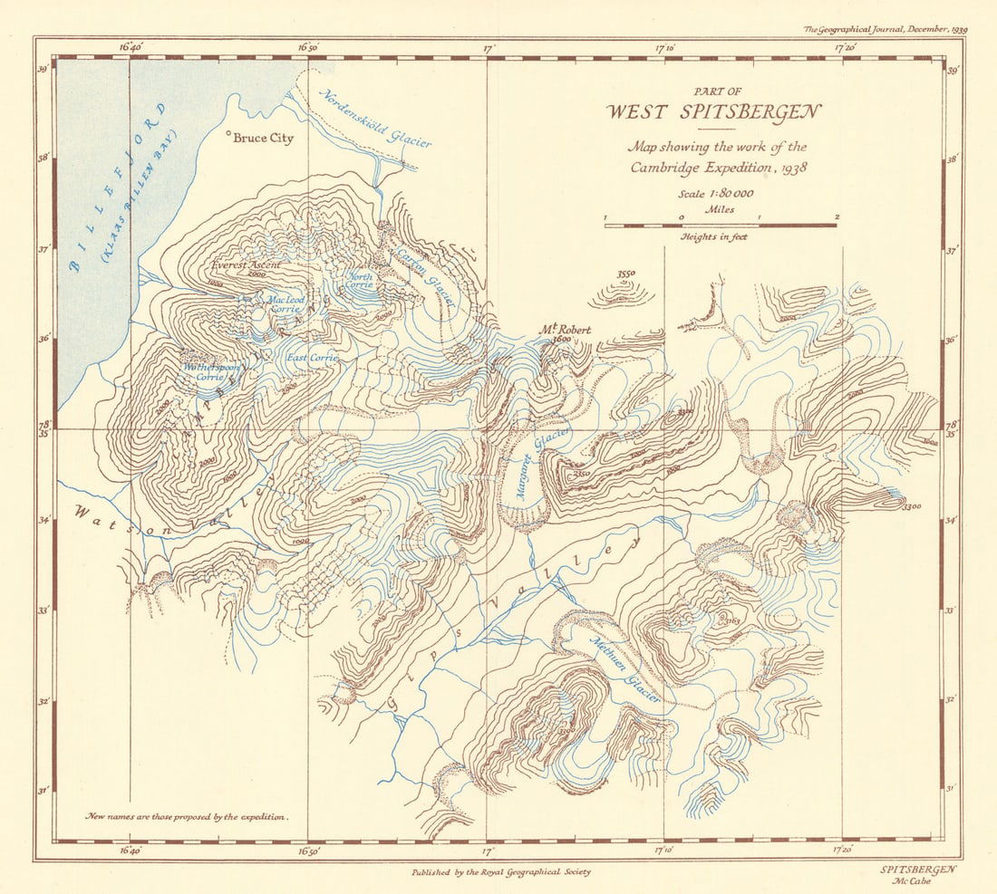 Cambridge Spitsbergen Expedition 1938. Svalbard. Arctic. RGS/McCabe 1939 map (1 of 1)