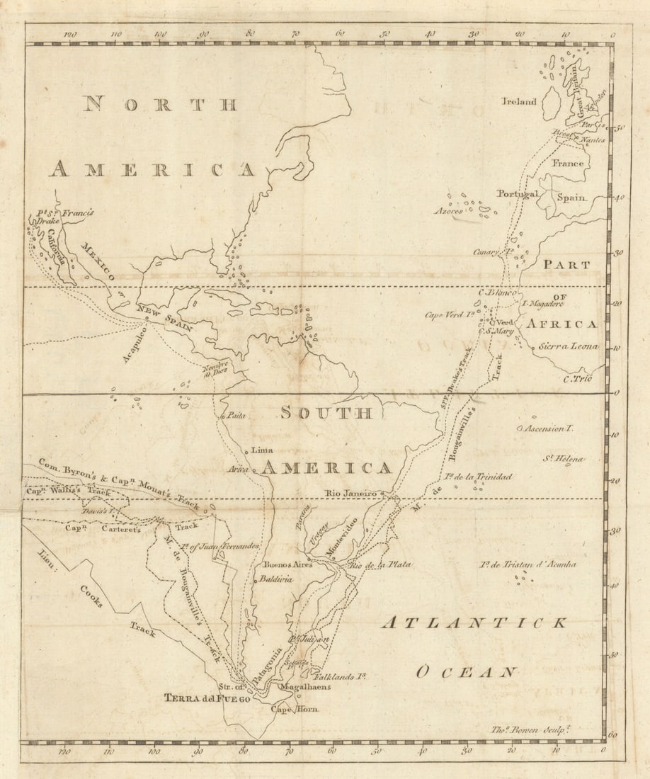 Americas. Track of Drake Cook Bougainville Byron Carteret Wallis. Bowen 1773 map (1 of 1)