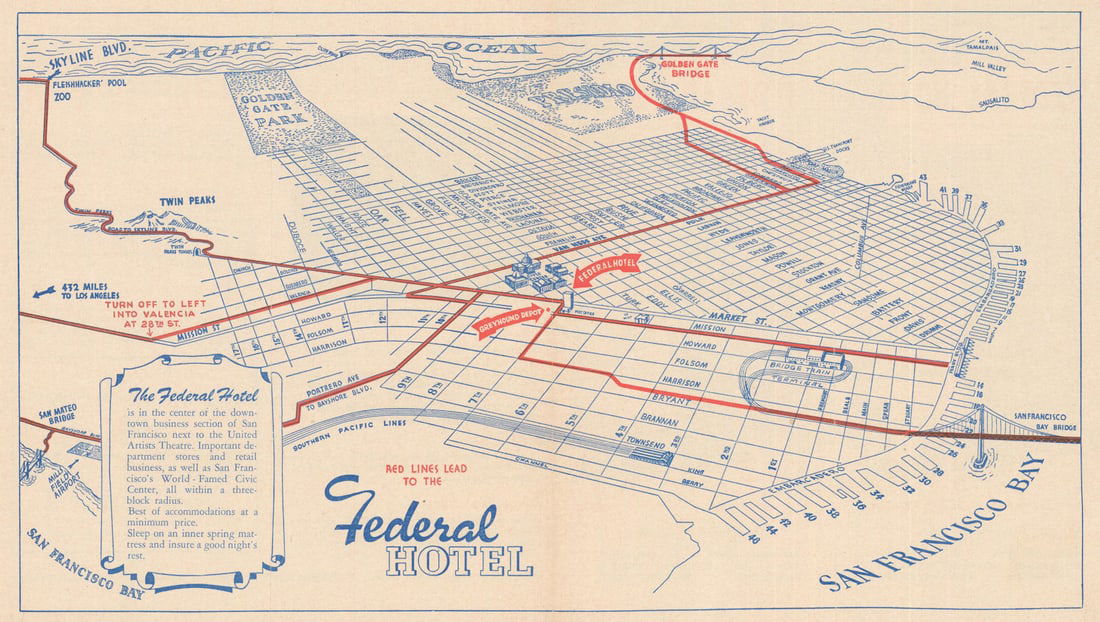 San Francisco Street Map. Federal Hotel. Bird's-eye view tourist map c1954 (1 of 1)