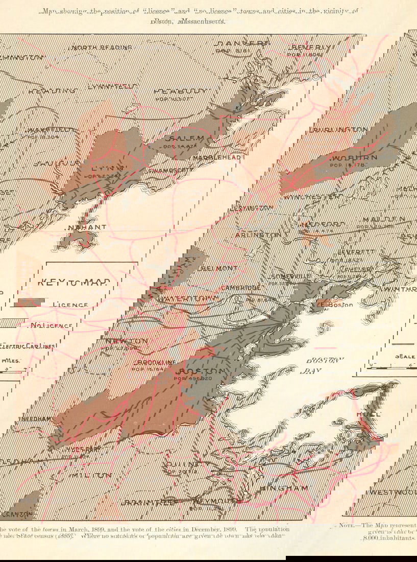 Prohibition/drink map. Licence & No licence towns near Boston Massachusetts 1899 (1 of 1)